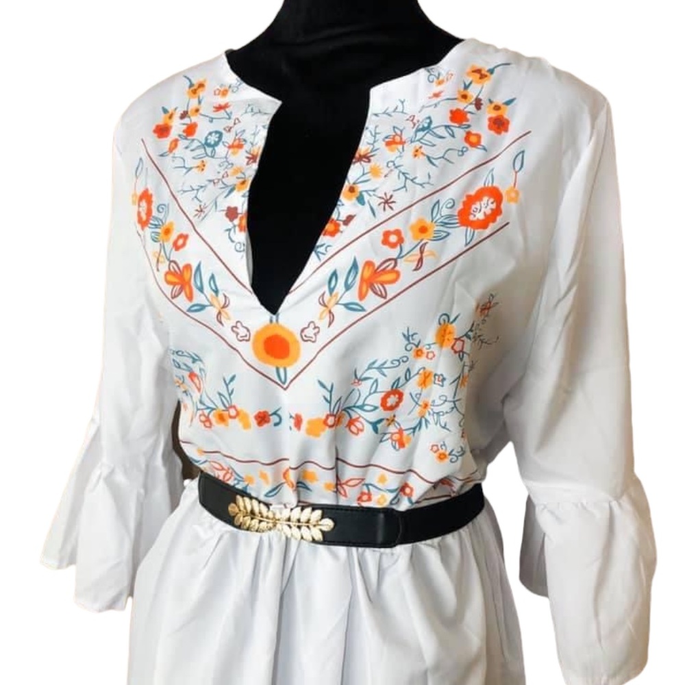Boho white floral maxi dress, V-Neck Mid-Sleeve Printed Front Split Dress